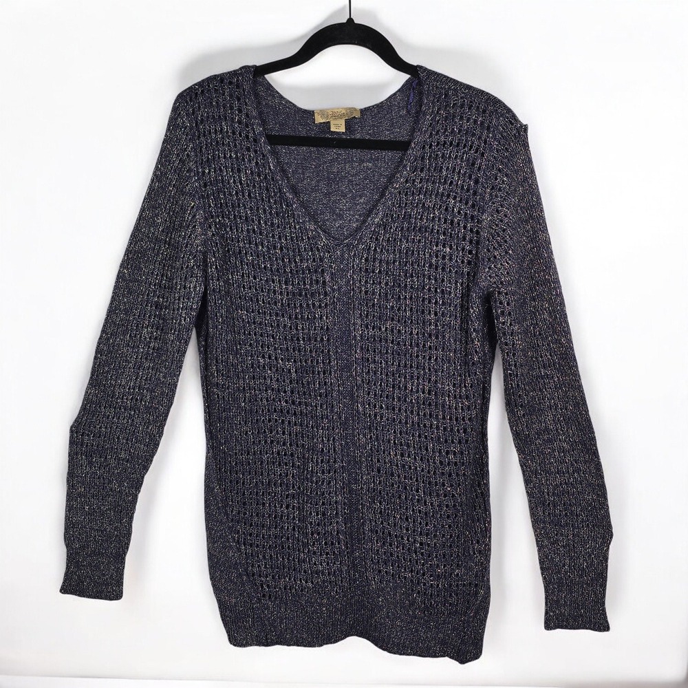 Nine West Vintage America Collection Sweater Woman XL Navy Metallic Knit V Neck‎